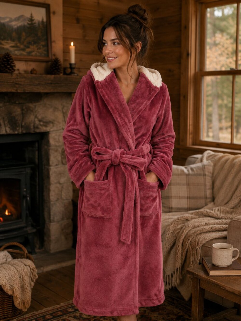 L.L. Bean Pink Plush Fleece Hooded Robe Cabincore Women's Medium
